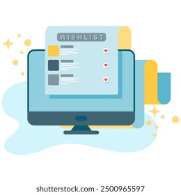 Ilustración de la lista de deseos para la tienda en línea o el negocio en línea, visualización de la lista de deseos en el monitor	
