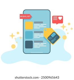 wish list illustration for online store or online business, discounts and wish lists on smartphone