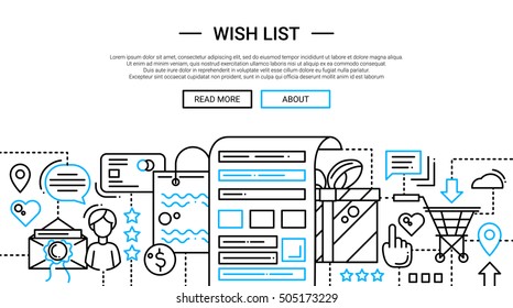 Wish List - illustration of vector modern plain line design composition and infographics elements with shopping symbols. Header, banner for your site.