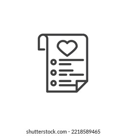 Wish list line icon. linear style sign for mobile concept and web design. Paper with heart outline vector icon. Symbol, logo illustration. Vector graphics