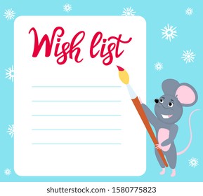 Wish list. Little mouse writes wishes for the New Year. Rat with brush.