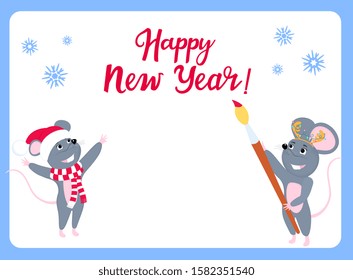 Wish list. Little mouse writes wishes for the New Year. Rat in Santa's hat