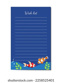 Wish list marine design with exotic fish. Printable organizer page template. Diary page vector template.