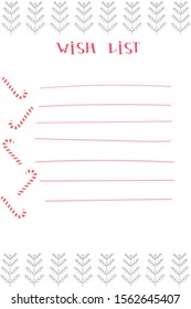 Wish list. page template. Hand drawn graphic for Christmas and New Year.  Christmas peppermint candy cane with stripes and fir. Vector illustration. Design for blank wish list