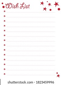 Wish list printable page design for scrapbooking do it yourself notepad or organizer. Holoday or Christmas wishes, dreams. Letter sheet of paper decorated with stars and dotted lines.