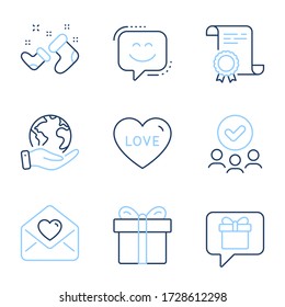 Wish list, Santa boots and Smile face line icons set. Diploma certificate, save planet, group of people. Love letter, Gift box and Love signs. Present box, New year, Chat. Heart. Holidays set. Vector