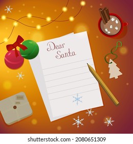 Wish list to Santa Claus. Warm, cozy, gradient Christmas illustration. Letter with New Year Decorations, Cup of Coffee, Christmas Balls,Snowflakes, Garland, Gift Box and Wooden Christmas Tree