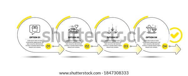 Wish list, Scroll\
down and Honeymoon travel line icons set. Timeline process\
infograph. Winner cup sign. Present box, Swipe screen, Car trip.\
Champion. Business set.\
Vector