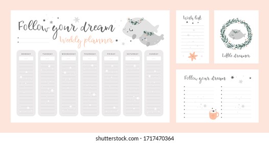 Wish list template, card, weekly planner page with cute baby animals in cartoon style. Set of stationery digital prints. Follow your dreams. Flat lay, organizer mock up. Pastel colors