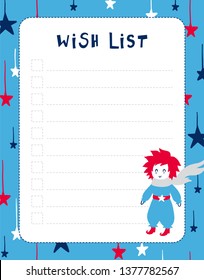 Wish list template. Note paper with funny Illustrations. Perfect for kids. Organizer with magic elements and boy.