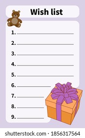 Wish list template with numbers blank, gift box and bear toy. Vector