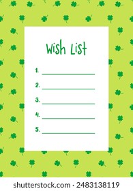 Wish list, template. Printable. Clover background texture design.