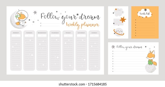 Wish list template, sticker book, weekly planner page with little fox in cartoon style. Set of stationery digital prints. Back to school design. Flat lay, organizer mock up. Pastel colors