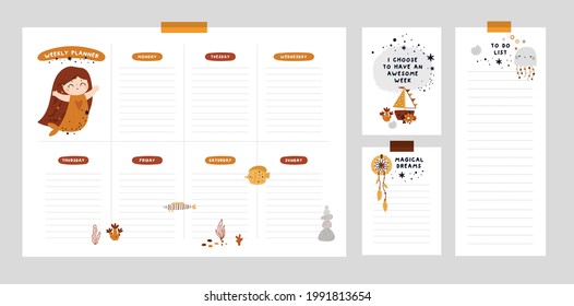 Wish list template, sticker book, weekly planner page with marmalide, sea animals in cartoon style. Creative planner, holiday planning. Pastel colors. Flat lay, organizer mock up. Vector illustration