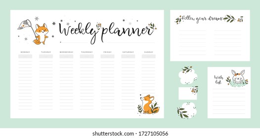 Wish list template, weekly planner page with cute baby fox and bunny animals in doodle cartoon style. Set of stationery digital prints. Follow your dreams. Flat lay, organizer mock up. Pastel colors