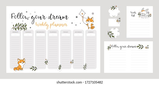 Wish list template, weekly planner page with cute baby fox and bunny animals in doodle cartoon style. Pastel colors. Set of stationery digital prints. Follow your dreams. Flat lay, organizer mock up