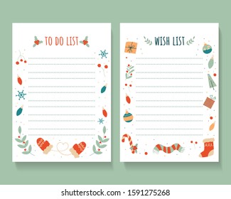 wish list templates decorated by Set of vintage Christmas and New year elements for greeting card. Hand-drawn doodles decoration, pattern, ornaments. Holidays to do list, check list for gifts