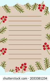 Wish list, to-do page template for Christmas and New Year, with spruce branches, winter berries, snow. Vector illustration isolated on a white background