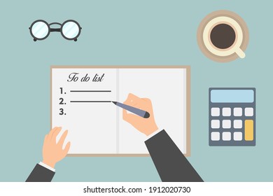 Wish list vector concept: Hand of businessman writing to do list on the book with a cup of coffee 