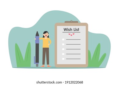 Wish list vector concept: Young woman standing with her wish list while holding a pen