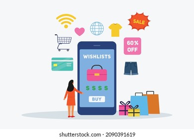 Wish list vector concept. Young woman buying a bag on the cellphone while shopping online with wishlists