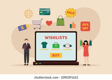 Wish list vector concept. Young couple shopping on the laptop while ordering their wish lists