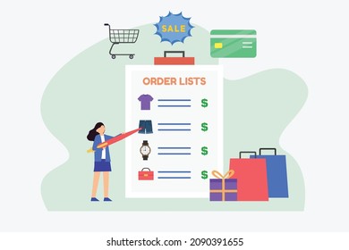 Wish list vector concept. Young woman using a pen to marking order list on the clipboard while standing with shopping bags