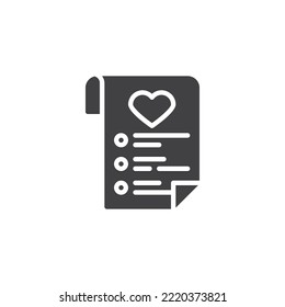 Wish list vector icon. filled flat sign for mobile concept and web design. Paper with heart glyph icon. Symbol, logo illustration. Vector graphics