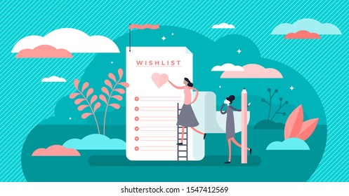 Wish list vector illustration. Flat tiny gifts request note persons concept. Festive Christmas presents request plan writing process. Empty blank board document for check symbols. Santa Claus letter.