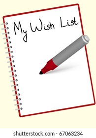 Wish  list written at the red notebook by marker