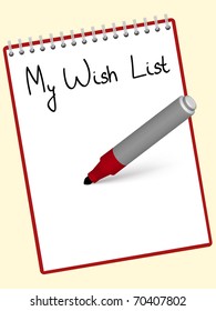 Wish  list written at the red notebook by marker