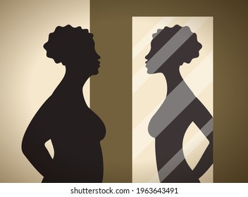 Wish to loss weight. Woman looking at mirror and see her reflection with slim figure. Vector illustration