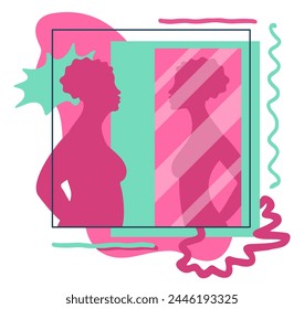 Wish to loss weight. Woman looking at mirror and see her reflection with slim figure. Abstract vector illustration svg