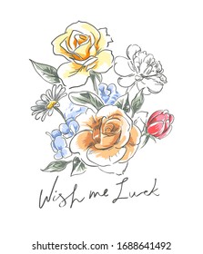 wish me luck slogan with colorful flowers illustration