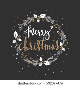 Wish of merry christmas in circle xmas wreath over black background.