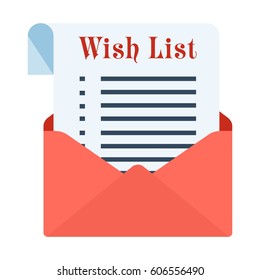 Wish sheet in a red festive envelope. Flat vector cartoon illustration. Objects isolated on a white background.