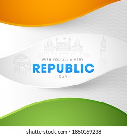 Wish You All A Very Republic Day Text With Sketching India Famous Monuments On Tricolor Wavy Background.