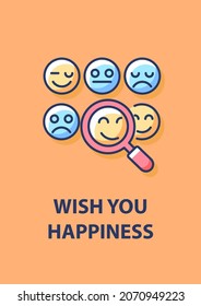 Wish you happiness greeting card with color icon element. Inspiring for good mood. Postcard vector design. Decorative flyer with creative illustration. Notecard with congratulatory message