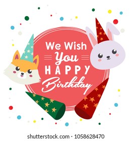 wish you happy birthday with kawaii fox and rabbit