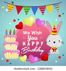 wish you happy birthday with party cake and rabbit