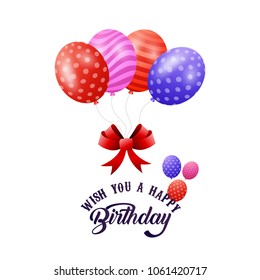 Wish you a happy birthday typogrpahy card with balloons and ligh