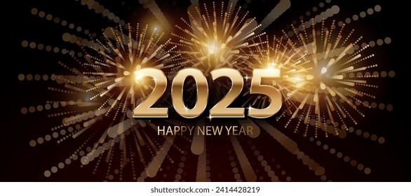 Wish you a happy New Year 2025 with an elegant 2025 horizontal typographic design template on a dark fireworks background. New Year's Eve celebration ideas for greeting card banners