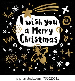I Wish You Happy New Year sketch style Merry Christmas quote lettering Typography greeting card Gold black white doodles trendy elements. Hand drawn vector illustration.