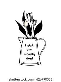 I wish you a lovely day poster. Flowers in pot vector illustration.