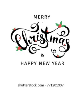 I wish you Merry Christmas. Hand drawn lettering. Christmas Card lettering. Christmas Poster. Merry Christmas and Happy New Year.Lettering design. Poster of  happy new year. Flyer of happy new year