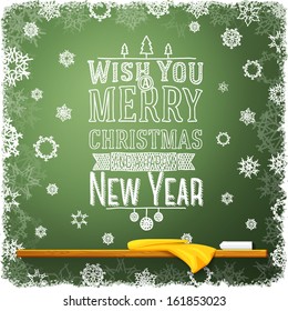 Wish you a merry christmas and a happy new year message, written on the school chalkboard. Like a greeting for school christmas holidays. With snowflakes. Vector