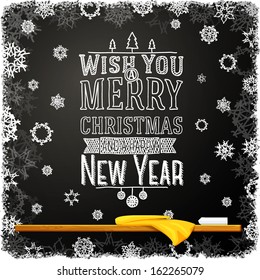 Wish you a merry christmas and a happy new year message, written on the school chalkboard. Like a greeting for school christmas holidays. With snowflakes. Vector