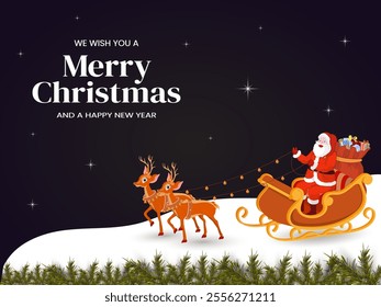 Wish You A Merry Christmas and Happy New Year Greeting Card Design with Cartoon Santa Claus Riding Reindeer Sleigh on Night Snowy Background Vector Illustration.