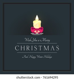 Wish you a merry christmas and happy new year. Greeting template in flat style with candle and red ribbon.