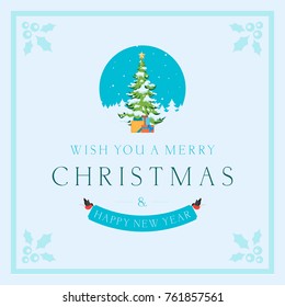 Wish you a merry christmas and happy new year. Greeting template in flat style with christmas tree and gift boxes on background with forest and snowfall.